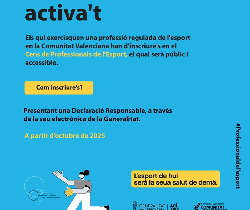 S’activa el procés d’inscripció en el Cens de Professionals de l’esport i l’activitat física de la Comunitat Valenciana.