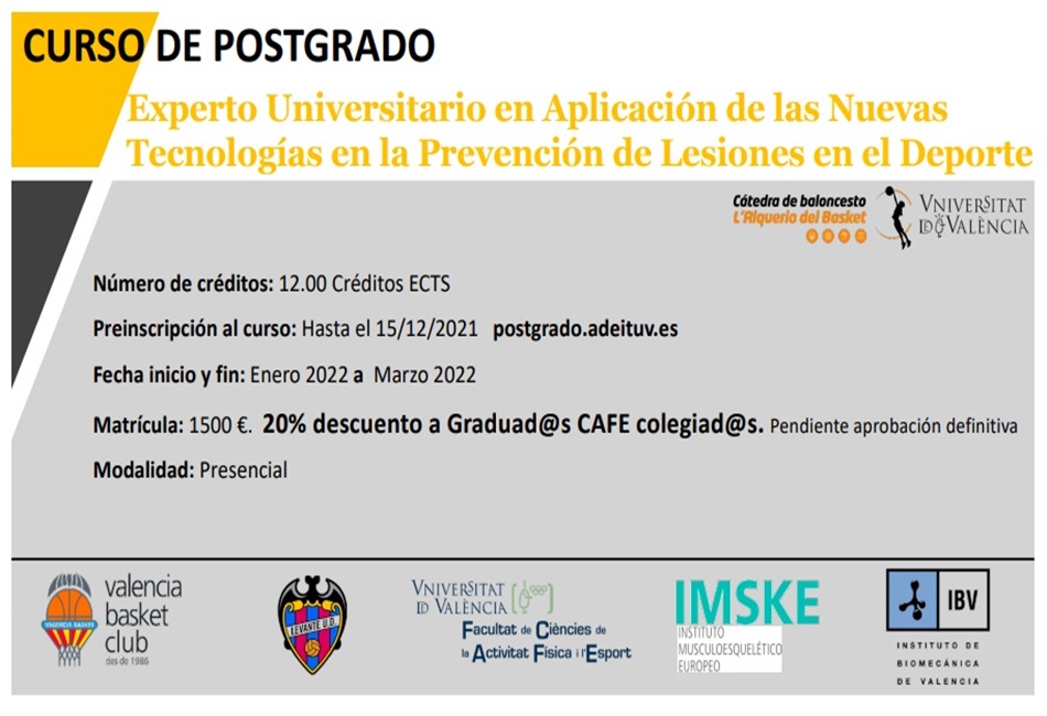 Experto Universitario en Aplicación de las Nuevas Tecnologías en la Prevención de Lesiones en el Deporte, 1ª edición | FCAFE – Univ. València